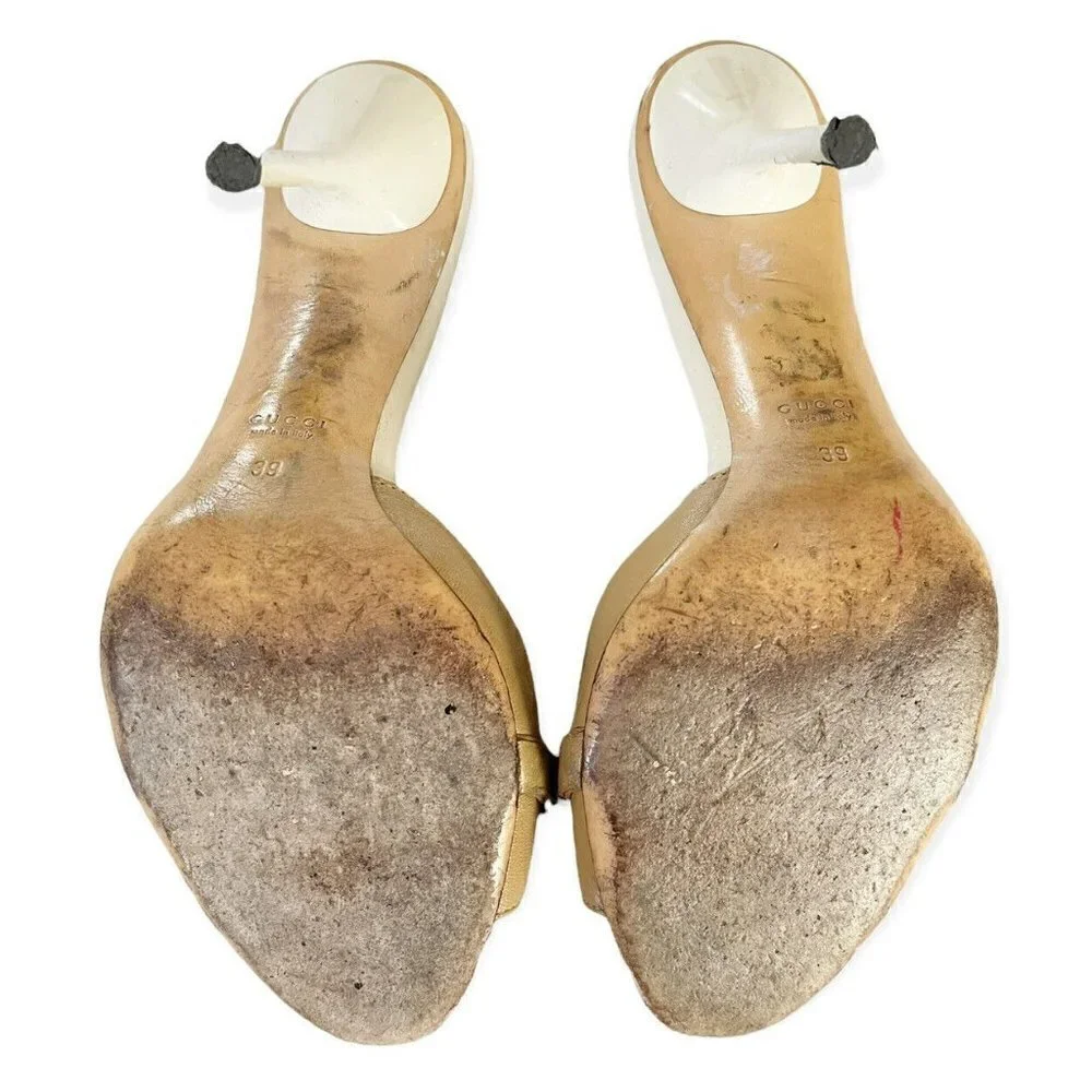 Gucci Women's Tan Leather Open Toe High Heel Slide Horsebit Sandals Sz 39 US 8.5 - Picture 8 of 11